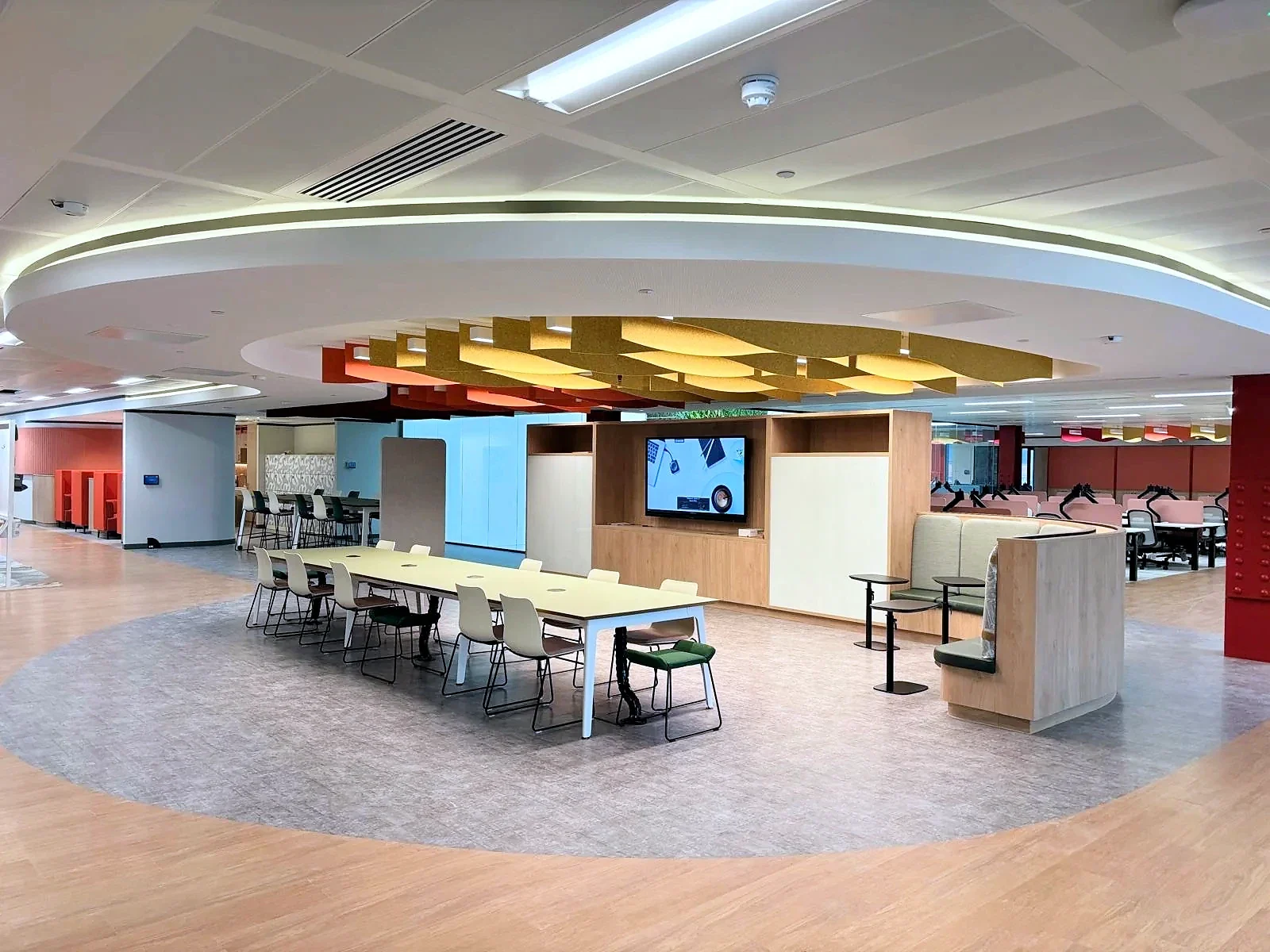 A curved ceiling line frames the shared workspace