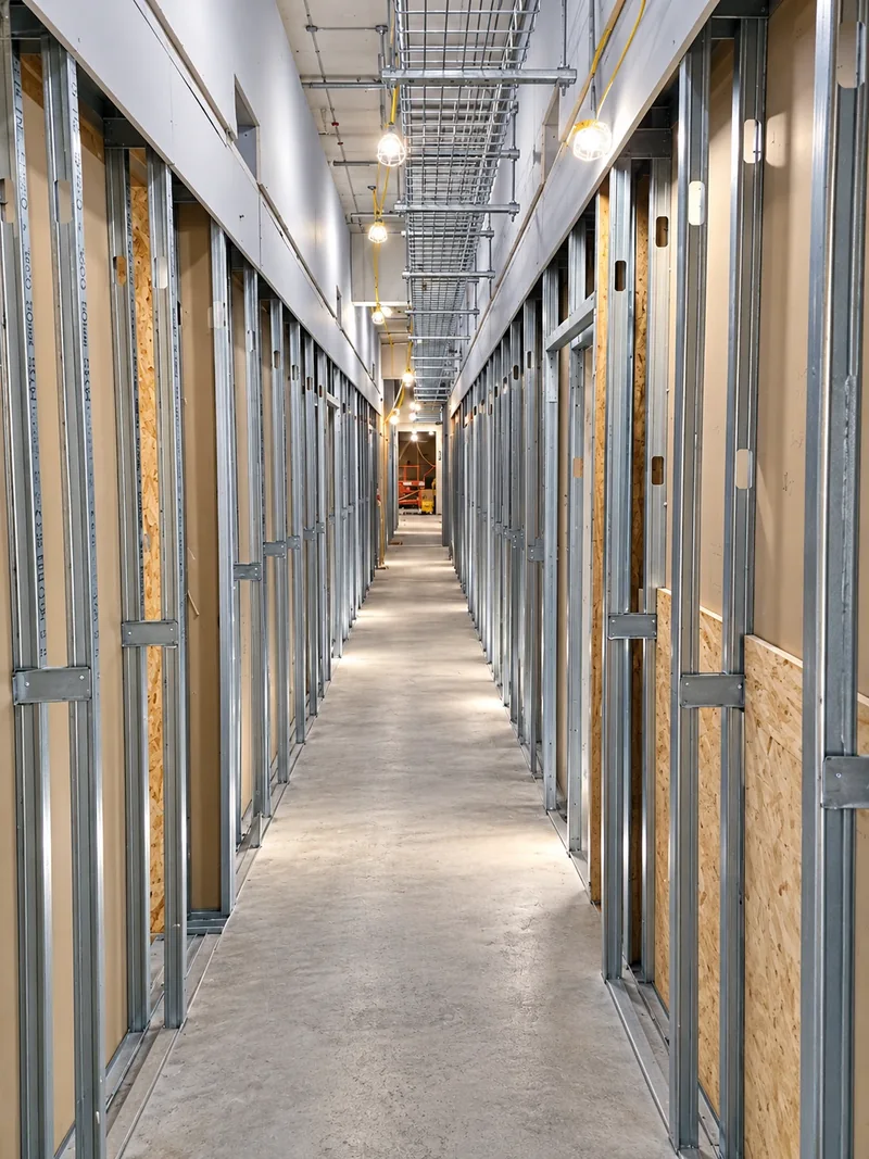 Long corridor of metal stud partitions with OSB pattress boards before boarding