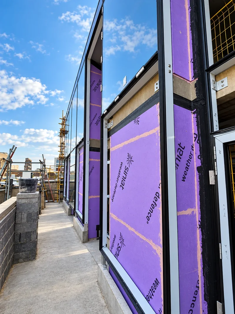 SFS external wall sheathed in purple weather defence board with window frames fitted