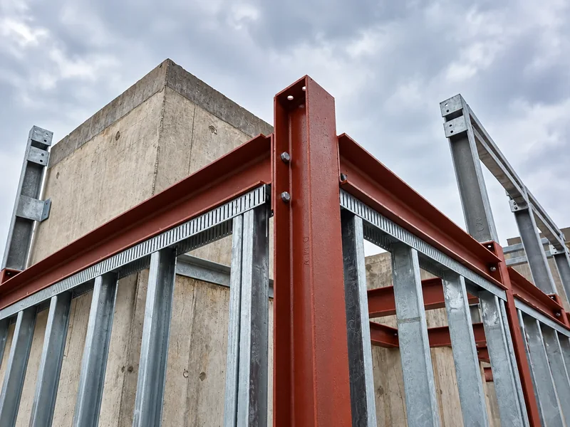 Galvanised SFS studs and head track fixed beneath red primary steel beams